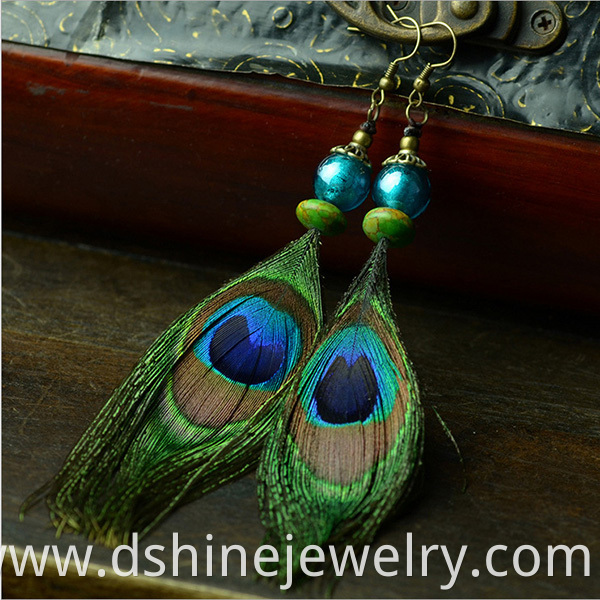 Peacock Feather Earrings With Turquiose Beads
